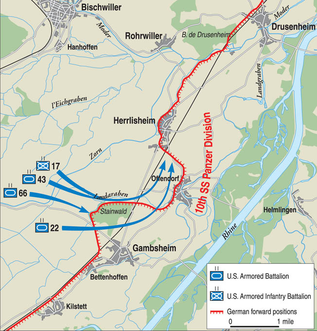 American troops advancing on the town of Herrlisheim, France, near the border with Germany, encountered tough enemy positions and fought a bitter encounter that lasted several days. The 17th Armored Infantry Battalion was trapped in the town. 