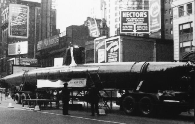 On display at a war bond rally in New York City on May 2, 1943, Ensign Kazuo Sakamaki's midget submarine provided a focal point for financing the U.S. wartime debt.