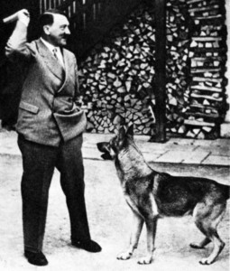 In a photograph released for propaganda purposes, Hitler prepares to throw a stick during a session with Muck, one of his German Shepherds.