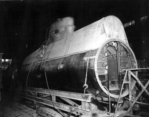 Under construction at the Kure naval base in Japan, this midget submarine was not completed before the end of World War II. Ultimately, it was surrendered to the occupying Americans.