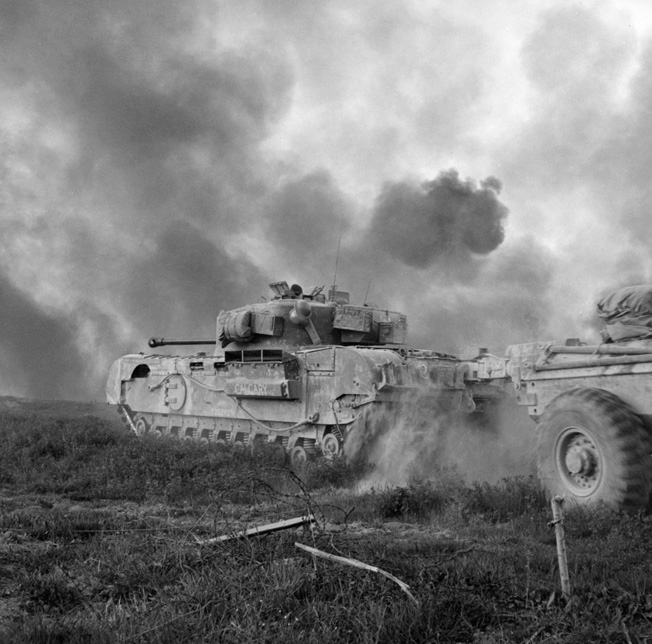 Known as Crocodiles, Churchill tanks equipped with flamethrowers support New Zealand troops as they fight to cross the Senio River on April 9, 1945. By this time, the surrender of all Axis forces in Italy was imminent.