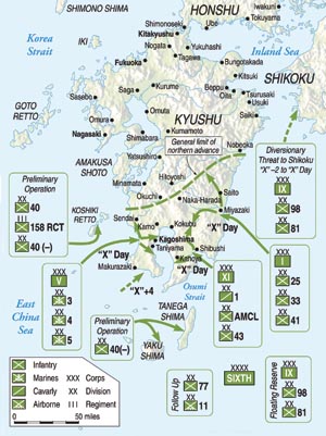 The primary American landings on the Japanese home island of Kyushu were scheduled to take place in the south. The plan called for more than 750,000 Americans to take part in the fight for the island with heavy casualities expected.