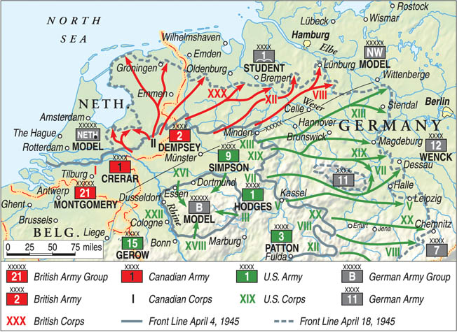 During the spring of 1945, the forces of the Allied 21st Army Group launched a decisive offensive against weakening German resistance, capturing thousands of prisoners and occupying much of northern Germany. 