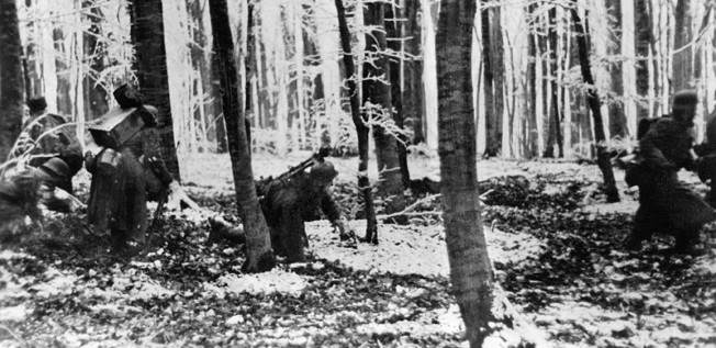 BATTLE OF THE BULGE, 1945. German infantry in France at the so-called Battle of the Bulge (the Ardennes Offensive) during World War II, 15 January 1945.