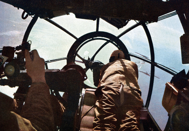 The interior of a Heinkel He-111 bomber reveals the cramped quarters with which German airmen had to contend during the flights to and from England.