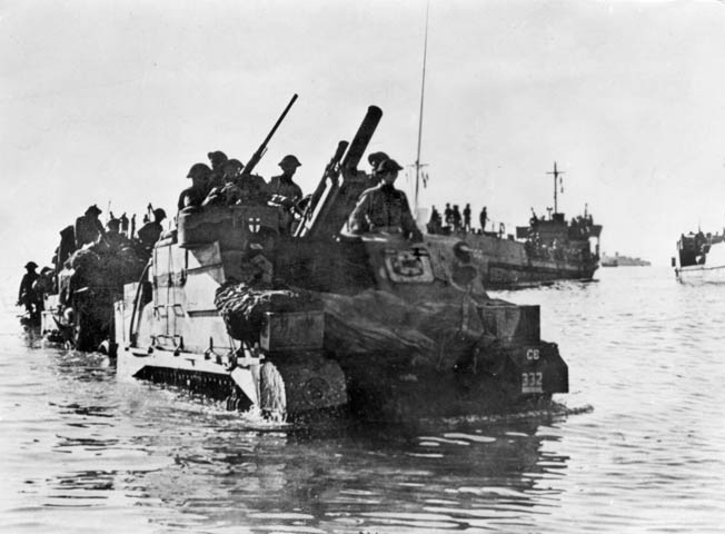 Vichy French officials did not capitulate on the island of Madagascar until November 1942, the same month the Allied landings during Operation Torch were conducted in North Africa. Here, British troops land at Diego Suarez during the effort to gain control of the port city’s facilities.