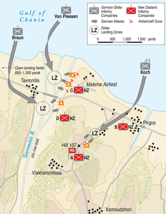 German airborne troops descended upon Crete in May 1941 to capture key positions, including the airfield at Maleme. Miscommunication among British commanders resulted in the withdrawal from key positions that might have thwarted the eventual German victory.