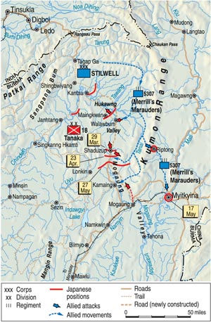 Rugged mountains, dense jungles, and fast-flowing rivers and streams were encountered as the Marauders and their Chinese allies struck the Japanese along the Burma-China border. 
