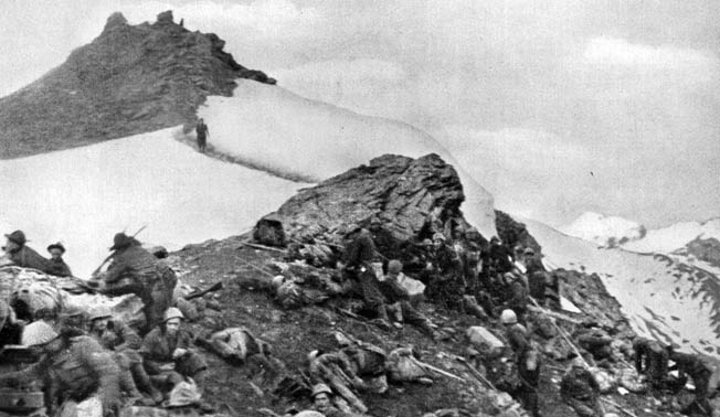 Soldiers of the Val Dora Battalion of the 5th Alpini Regiment engage French forces in the Col de la Pelouse during the Italian invasion of France in the summer of 1940.
