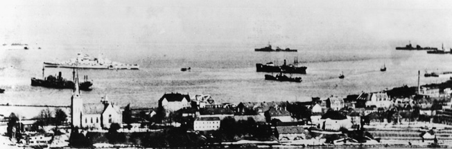 Elements of a German naval contingent lie anchored off the coast of Trondheim.