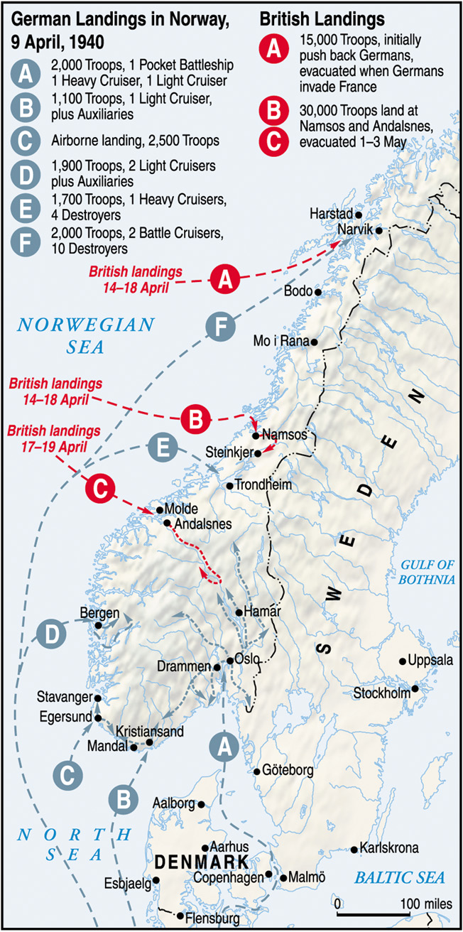A series of German and British amphibious operations in Norway were followed by sharp clashes on land and sea. Both sides suffered serious losses before the Allied decision to withdraw was made.