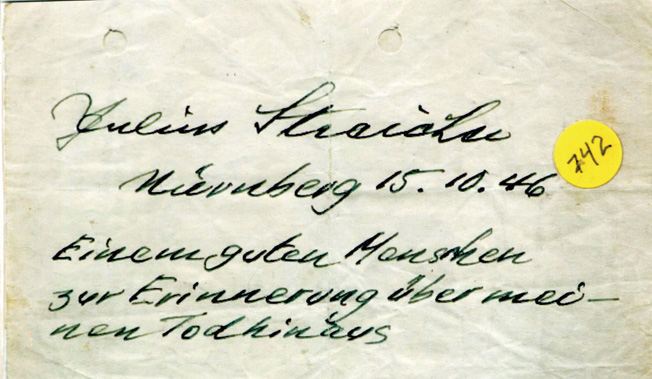 Streicher’s personal handwritten note to Pfc. Michael Prestianni reads, “To a good man in remembrance of my going forth to death.”