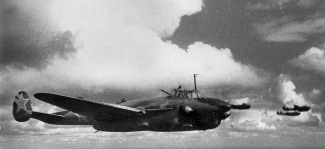 World War 2. Petlyakov Pe-2 dive bombers in flight.