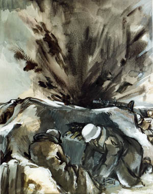 In the 1942 painting Shell Fire Near Trench Position by W. Rensellek, German soldiers duck for cover as a Russian shell explodes near their machine gun position. Dressed in white camouflage uniform covers, these Germans were subjected to fierce bombardment during the Soviet winter offensive.