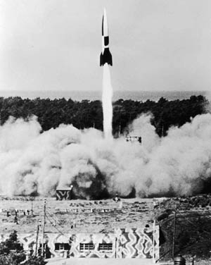 A V-2 rocket lifts off.