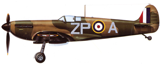 A Supermarine Spitfire Mk. I of the No. 74 Squadron, which served during the Battle of Britain, reveals the dark camouflage scheme in use at the time of the battle and the sleek profile of the famed fighter. 