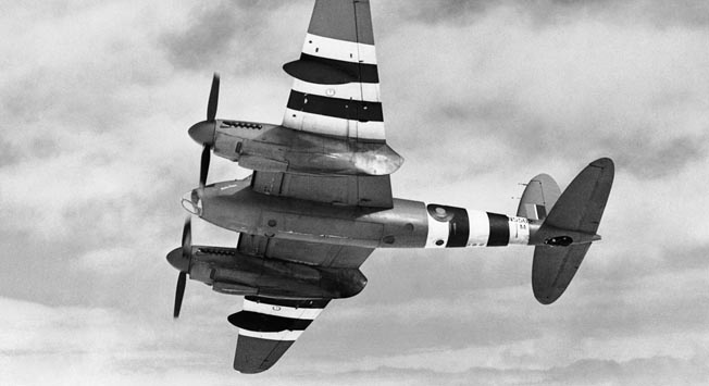 This de Havilland Mosquito of No. 544 Squadron, Royal Air Force, based at Benson, Oxfordshire, is equipped with aerial cameras installed to facilitate high-altitude reconnaissance missions. 