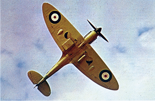 The distinctive elliptical wings of the Supermarine Spitfire are clearly visible in the photograph. The distinctive design made identification of the fighter easy and provided better aerodynamics.
