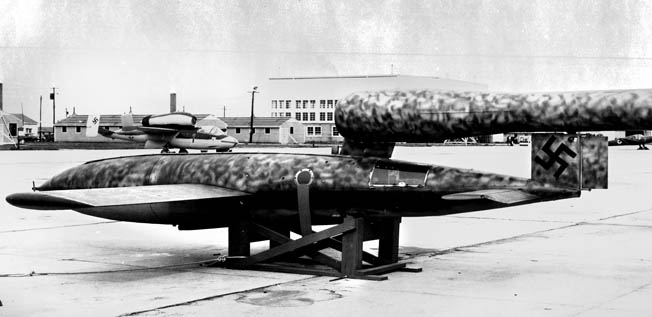 This captured V-1 is on display in the United States in 1945.