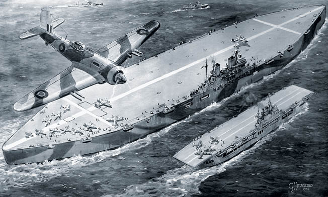 et isbjerget hangarskib blev næsten en realitet.Illustration, der viser det tophemmelige design for HMS' Habbakuk ' (center), et kæmpe Luftfartsselskab bygget af is og træmasse, som blev foreslået som et hemmeligt våben i Anden Verdenskrig. Dette projekt blev fremsat af Geoffrey Pyke i 1942, men blev aldrig bygget, da de involverede praktiske forhold var for meget for den britiske krigsindsats. 'Habbakuk 'vises ved siden af HMS' Indefatigable ' (til højre), et stort britisk Luftfartsselskab bygget af konventionelle materialer. 3. februar 1946.