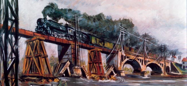 In this painting by artist
A. Brockie Stevens, a train crosses a bridge over the Moselle River somewhere in France while American combat engineers and a pair of French children wave from below.