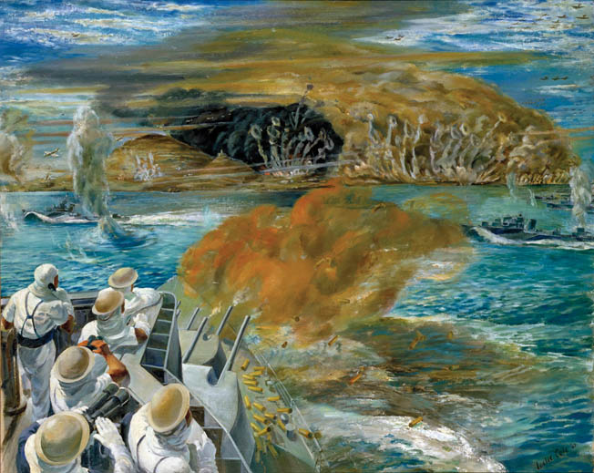 Dressed in antiflash protective clothing, crewmembers aboard Admiral C.H.J. Harcourt’s flagship, HMS Newfoundland, view Pantelleria being furiously bombarded. Painting by British war artist Leslie Cole, 1943.