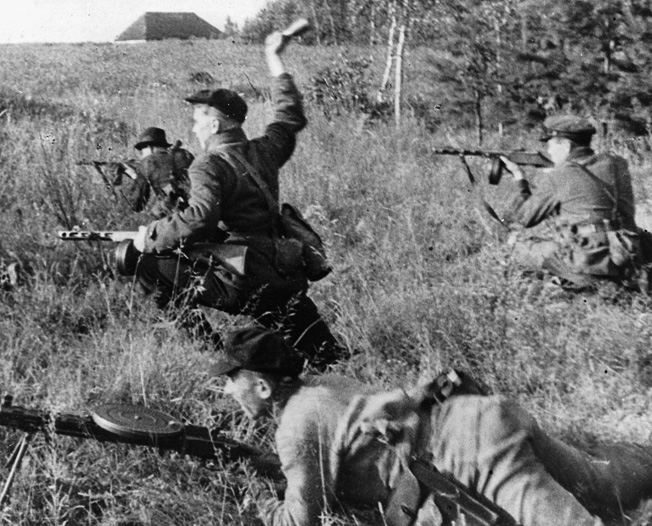 Pouncing on unsuspecting German infantry, Soviet partisans unleash a hail of gunfire and hand grenades as they emerged from a treeline.