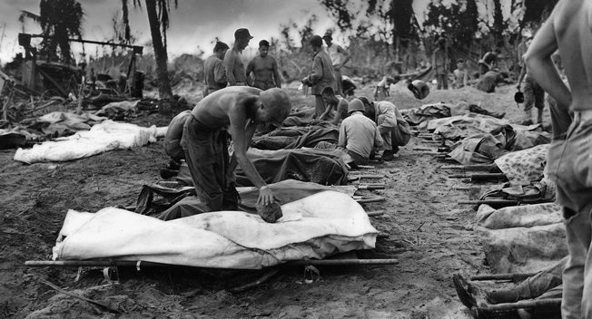 The grim rows of dead Marines attest to the carnage wrought by the savage fighting at Peleliu.