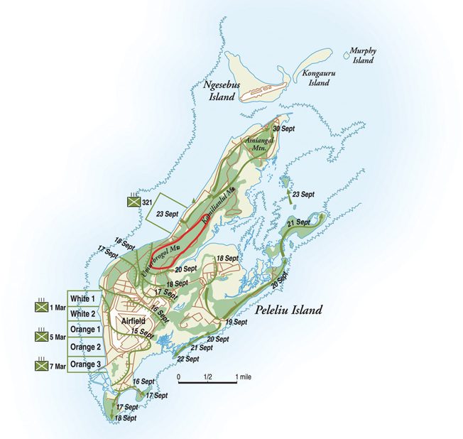 The jagged Umurbrogol Mountains, circled, were the key to the Japanese defenses at Peleliu.