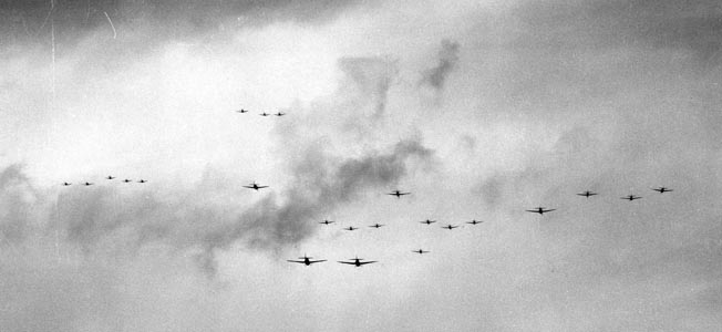 U.S. carrier-based aircraft set off to find Japanese targets during the Battle of the Philippine Sea. Experienced American fighter pilots broke the back of Japanese naval air capability in the June 1944 battle.