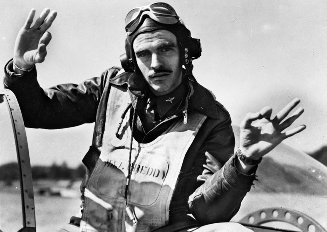 Maj. George E. Preddy, 8th AF fighter pilot stationed in England, who shot down 6 German planes on one mission. One of the top aces in the ETO, he had 25.5 shot down and 6 destroyed on the ground.