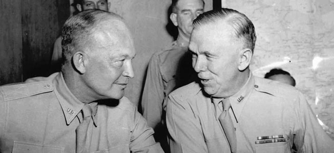 At Allied headquarters in North Africa in June 1943, Marshall (right) confers with General Dwight D. Eisenhower, Allied commander in the Mediterranean Theater.