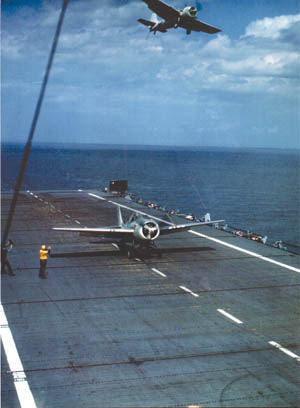 One Wildcat prepares to take off while another flies overhead. In his short career, O’Hare served on four different aircraft carriers.