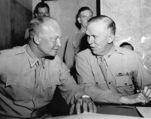 At Allied headquarters in North Africa in June 1943, Marshall (right) confers with General Dwight D. Eisenhower, Allied commander in the Mediterranean Theater. 