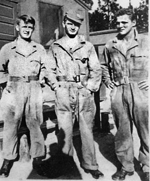 Young recruits Warren “Skip” Muck, Joe Toye, and Don Malarkey at Camp MacKall, North Carolina. Malarkey quickly befriended Muck and later struggled with Muck’s death.