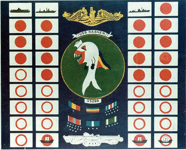 The pennant of the USS Rasher records a litany of destruction.
