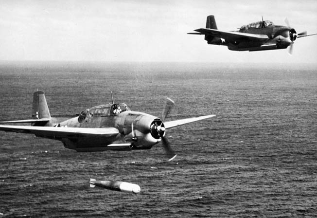 Grumman TBF Avenger torpedo bombers practice a torpedo run during training exercises on the East Coast of the United States. Avengers pilots were among the brave American fliers that made repeated runs at the Japanese ships off Samar even after their ammunition had been expended. 