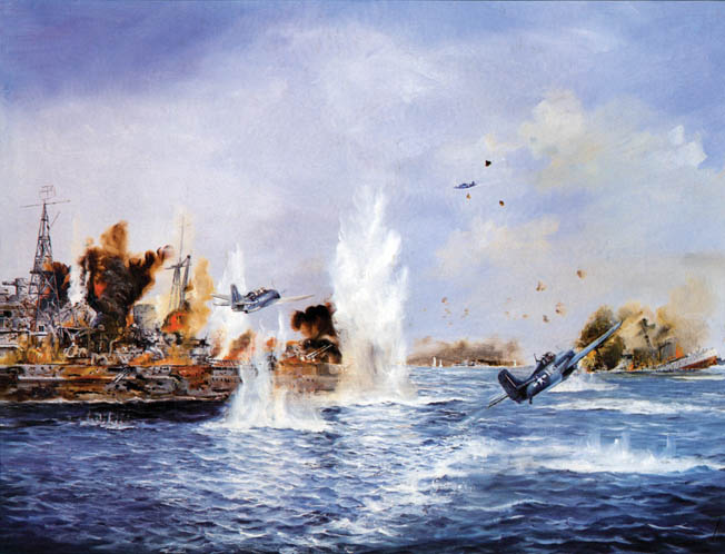 American aircraft press home attacks against the heavy Japanese warships that suddenly appeared near Taffy 3 off Samar on October 25, 1944. The Japanese cruiser Chokai was hit by American torpedoes and is shown far right sinking during the battle. 