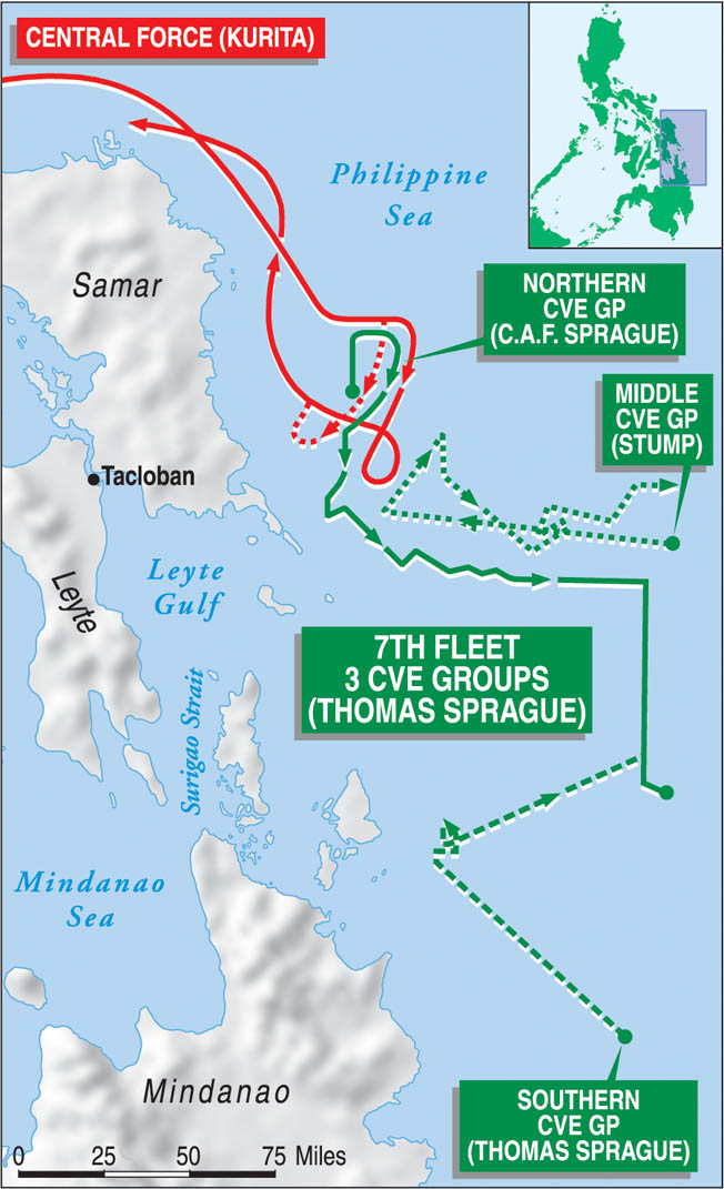 The battle off Samar was a confused melee early in the campaign to liberate the Philippines from Japanese rule. Admiral Takeo Kurita was mistaken when he believed that he had engaged a much more formidable force of U.S. Navy ships.