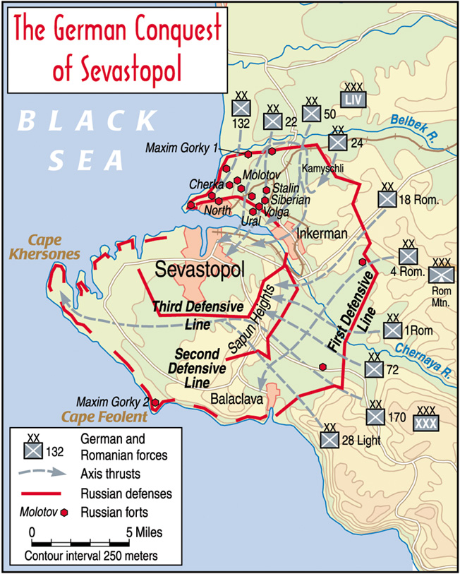 Although Sevastopol was encircled by a formidable ring of defenses, German efforts to cut off supply lines ensured that the Russians were slowly starved of supplies needed to wage war.