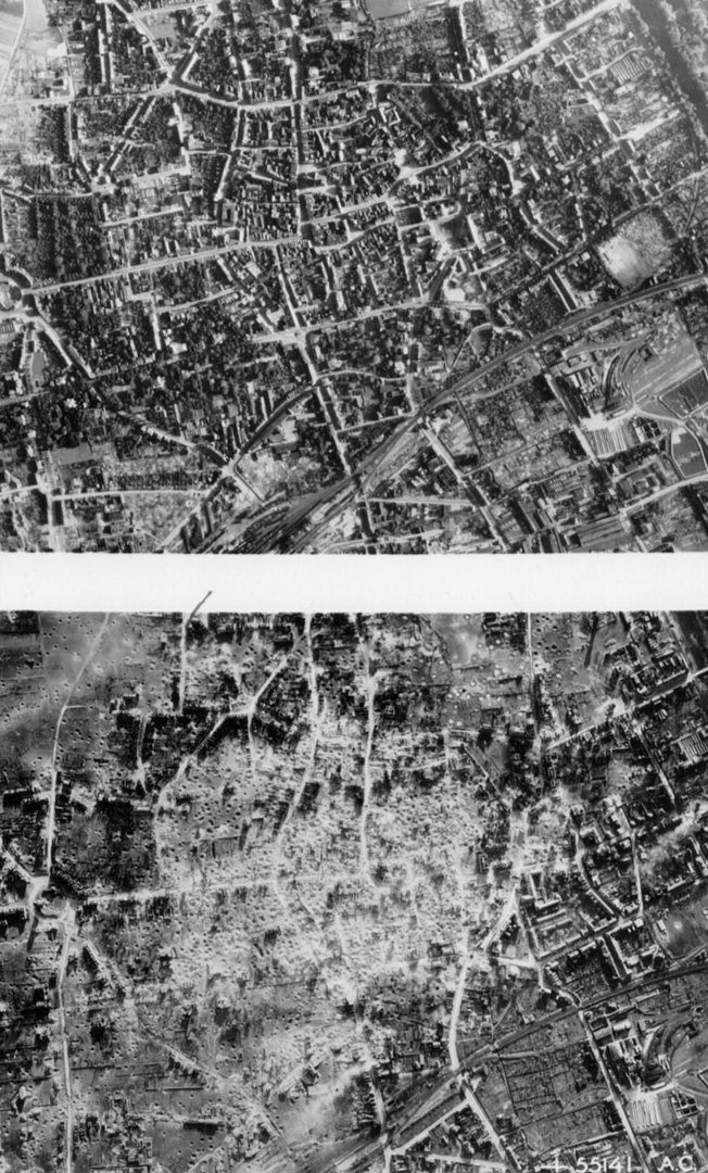 Photos of city Duren, German, before (Top) and after repeated Allied bombing raids bear stark testimony to the devastation of the aerial onslaught.