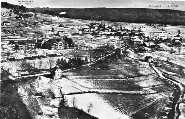 This aerial view depicts St. Edouard’s Sanatorium at left center and the Belgian village of Stoumont at far right. Both locations were the scenes of heavy fighting during the desperate battle between the 740th Tank Battalion and elements of German SS Kampfgruppe Peiper.