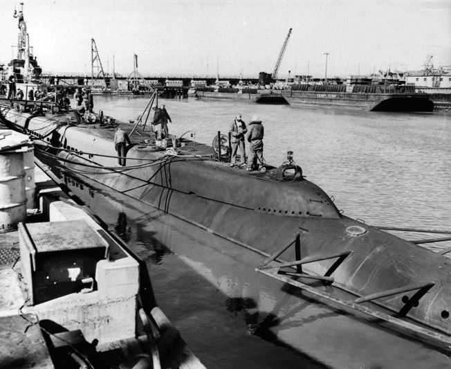 This photo was taken while the USS Tambor was anchored at the Mare Island naval facility from December 1944 to March 1945. During her stay in port, the submarine received much-needed repairs to damage sustained during several successful combat patrols.