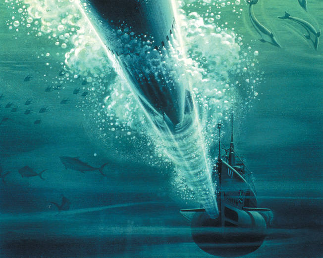 In an artist's rendering, a deadly "tin fish" hisses towards a distant target.