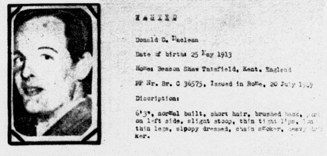 A "Wanted" poster issued by the F.B.I. in 1951 for Donald Maclean.