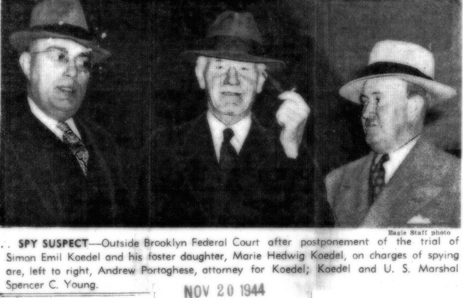 Simon Koedel, at center in the lower photo, leaves the federal courthouse in Brooklyn, New York, in company with two law enforcement officers.