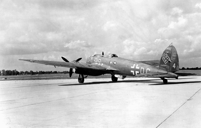 Photographed after its capture by Allied troops, this modified He-111 bomber was one of those intended for use as a flying bomb carrier during the implementation of the Reichenberg Project.