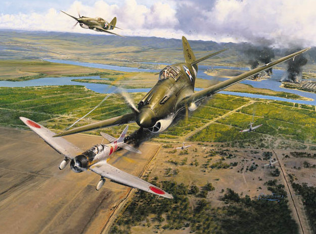 In this painting by Robert Taylor, U.S. Army air corps pilot Ken Taylor fires his machine guns at a Japanese Aichi D3A