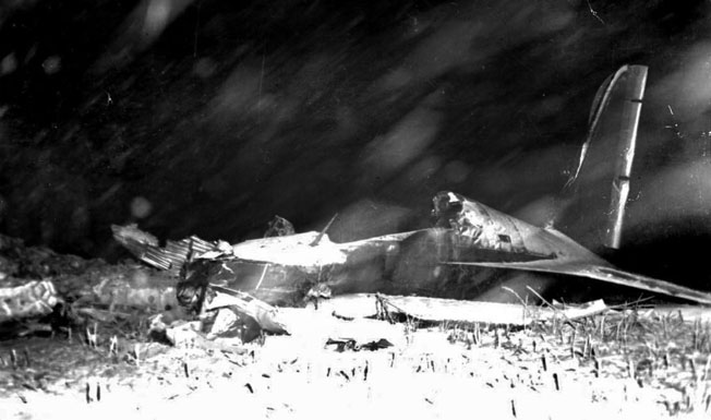 Even after the war accidents continued to occur. Here a C-47 transport plane burns after going down near Billings, Montana, December 8, 1945. Seventeen servicemen died.