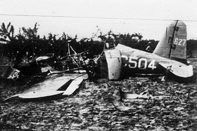 This Vultee BT-13A basic trainer crashed into a peach orchard near Lee Pope, Georgia, killing the solo pilot on board, April 26, 1943.